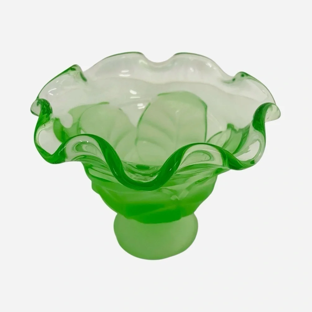 Viking Glass Cabbage Leaf Lime Green Compote Dish Vintage 5.25